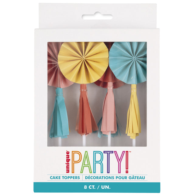 Bunte Cupcake Topper Mini Fächer mit Quasten 8 Stk