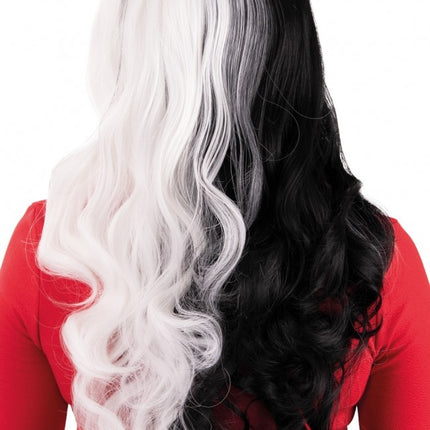 Perücke Selena Lang Mit Locken Schwarz Und Weiß Mit Einem Weißen Lok