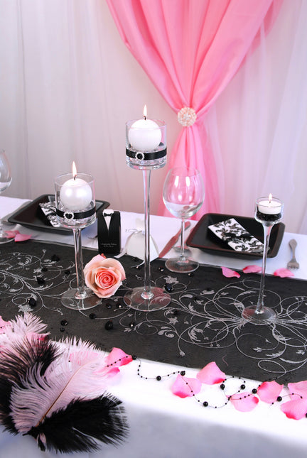 Schwarzer Organza-Stoff Silberne Blumen 36cm 9m