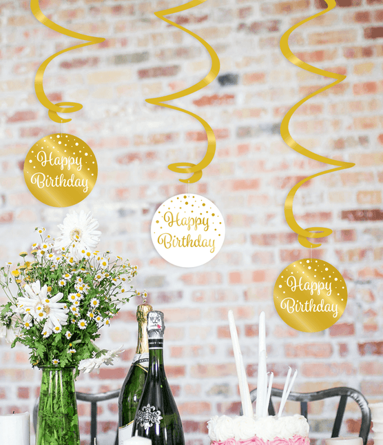 Hängende Dekoration Happy Birthday Gold Weiß 17cm 3Stück