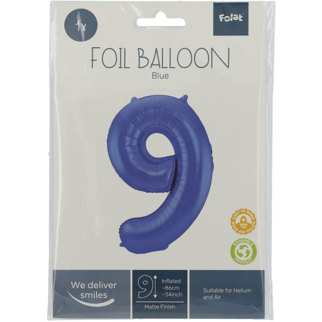 Folienballon Figur 9 Matt Blau XL 86cm leer
