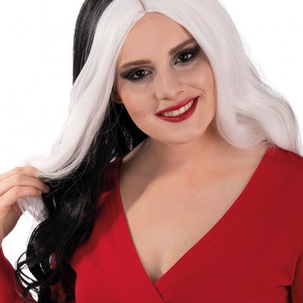 Perücke Selena Lang Mit Locken Schwarz Und Weiß Mit Einem Weißen Lok