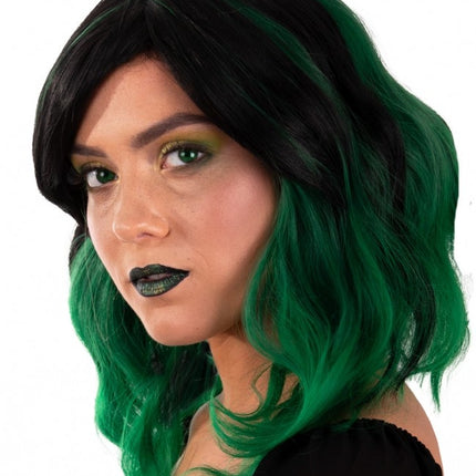 Perücke Alicia Halblang mit Wellen Schwarz bis Grün