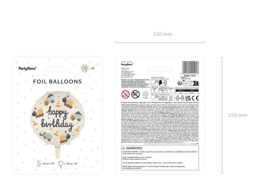 Happy Birthday Heliumballon Baufahrzeuge Leer 45cm