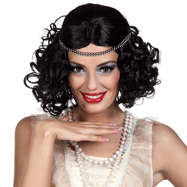 Schwarze Perücke Flapper mit Stirnband