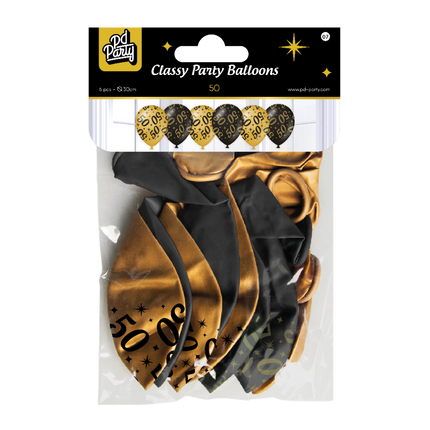 Ballons 50 Jahre Gold Schwarz 30cm 6 Stk
