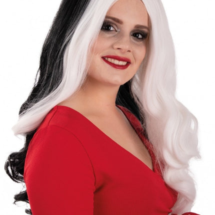 Perücke Selena Lang Mit Locken Schwarz Und Weiß Mit Einem Weißen Lok