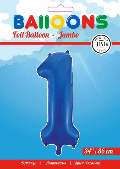 Folie Ballon Cijfer 1 Blauw XL 86cm leeg van WeFiesta koop je bij Partywinkel