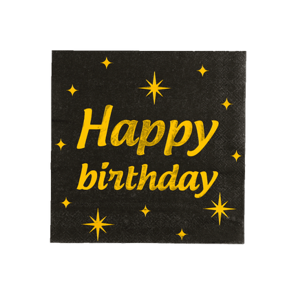 Happy Birthday Servetten Zwart Goud 19cm 16st van Paper Dreams koop je bij Partywinkel