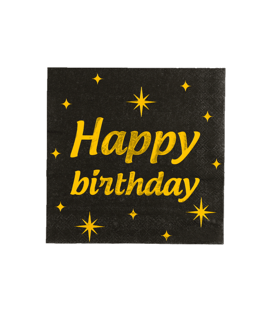 Happy Birthday Servetten Zwart Goud 19cm 16st van Paper Dreams koop je bij Partywinkel