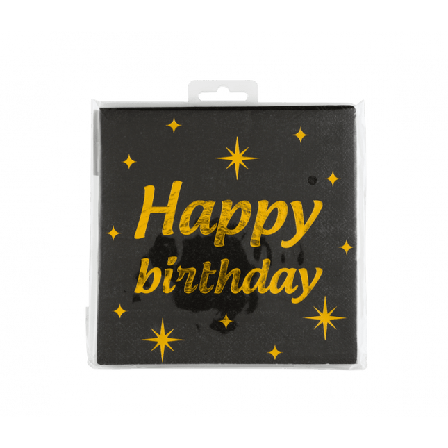 Happy Birthday Servetten Zwart Goud 19cm 16st van Paper Dreams koop je bij Partywinkel
