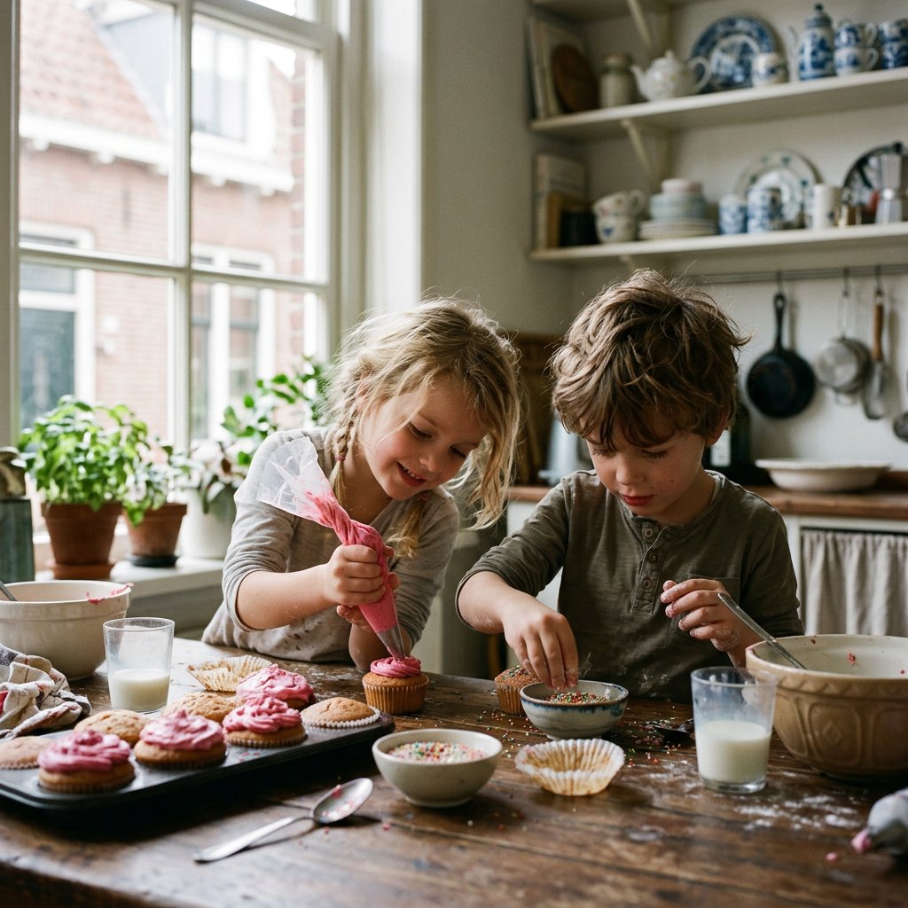 Twee vrolijke kinderen versieren cupcakes met kleurrijke glazuur en strooisels aan een goed verlichte keukentafel in een gezellig huis.