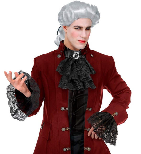 SPITZENJABOT MIT SCHMUCKSTEINEN UND MANSCHETTEN - SCHWARZ