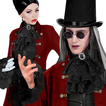 SPITZENJABOT MIT SCHMUCKSTEINEN UND MANSCHETTEN - SCHWARZ