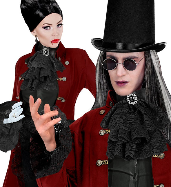 SPITZENJABOT MIT SCHMUCKSTEINEN UND MANSCHETTEN - SCHWARZ