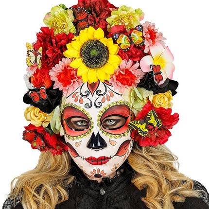 MASKE TAG DER TOTEN MIT SONNENBLUMEN UND BUNTEN BLUMEN
