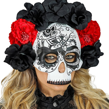 TOTENKOPFMASKE TAG DER TOTEN MIT SCHWARZEN UND ROTEN ROSEN