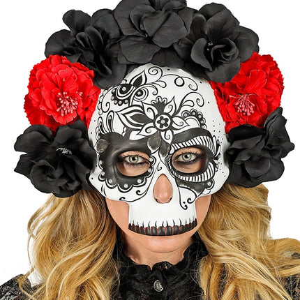 TOTENKOPFMASKE TAG DER TOTEN MIT SCHWARZEN UND ROTEN ROSEN