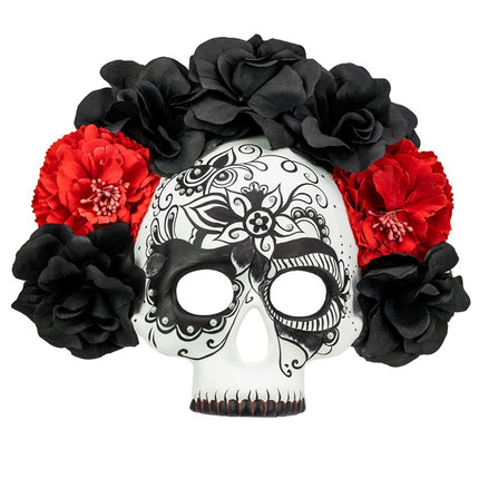 TOTENKOPFMASKE TAG DER TOTEN MIT SCHWARZEN UND ROTEN ROSEN