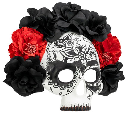 TOTENKOPFMASKE TAG DER TOTEN MIT SCHWARZEN UND ROTEN ROSEN