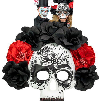 TOTENKOPFMASKE TAG DER TOTEN MIT SCHWARZEN UND ROTEN ROSEN