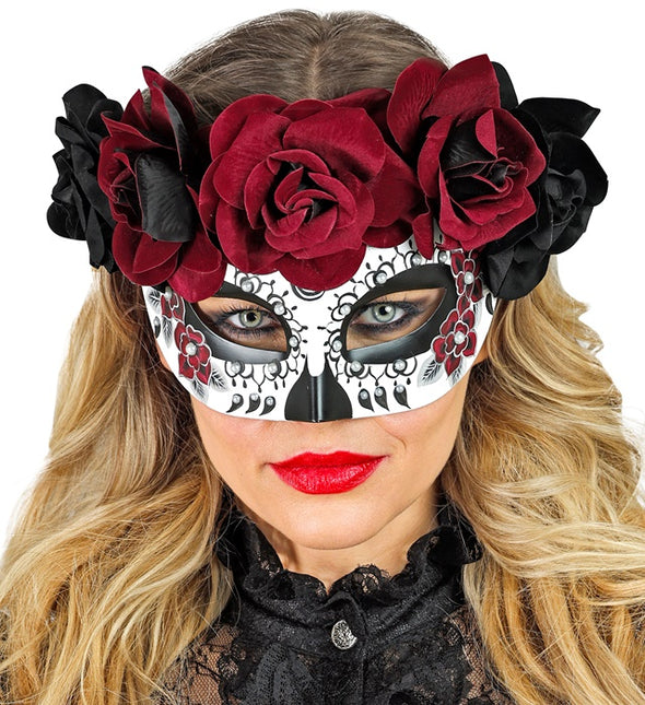 Augenmaske Tag der Toten - Schwarze und rote Rosen