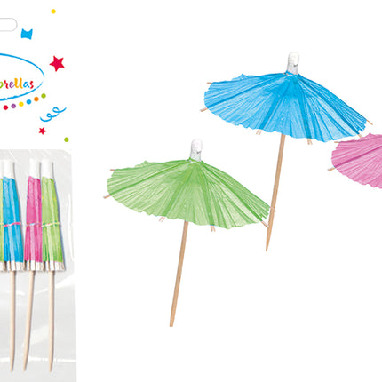 Holzprodukte Unicolor Coctail Regenschirme Zahnstocher aus Holz "Fuchsia, Grün, Blau" 10St