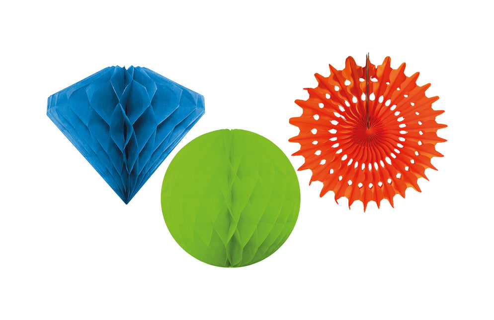Party Essentials Honeycomb Hängende Dekorationen Kit 3 Gemischt, Ball 15Cm Hellgrün, Diamant 20Cm Hellblau, Fächer Orange 3St