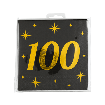 100 Jaar Servetten Zwart Goud 19cm 16st - Partywinkel - 8716764238413