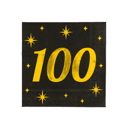 100 Jaar Servetten Zwart Goud 19cm 16st - Partywinkel - 8716764238413