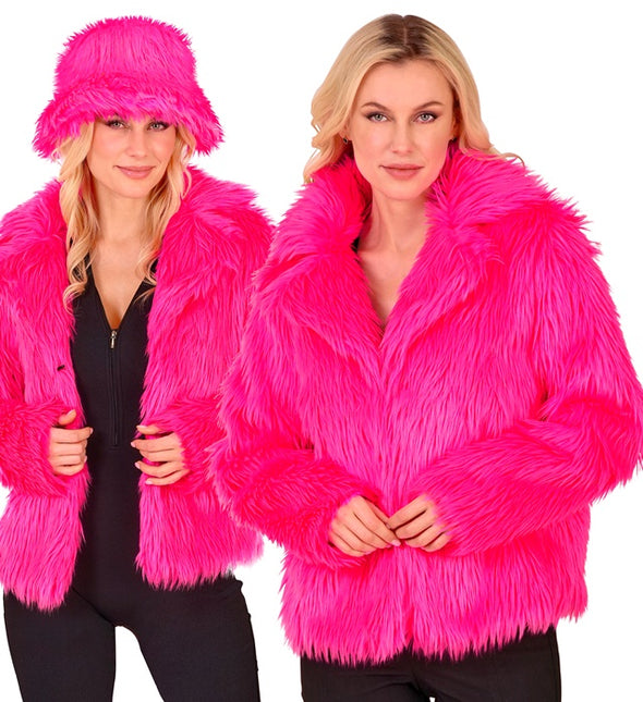 Pelzmantel Plüsch Damen Neon Pink