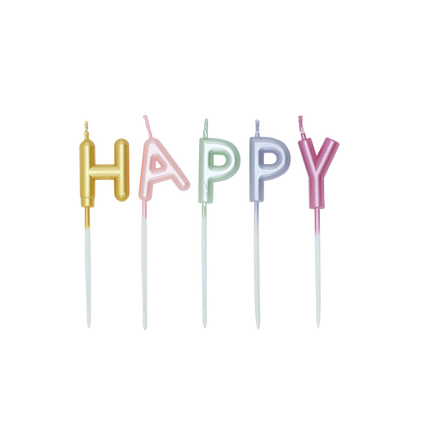 Bunte Kerzen „Happy Birthday“ in Pastelltönen