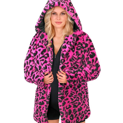 Pelzmantel mit Hut Plüsch Leopard Neon Pink