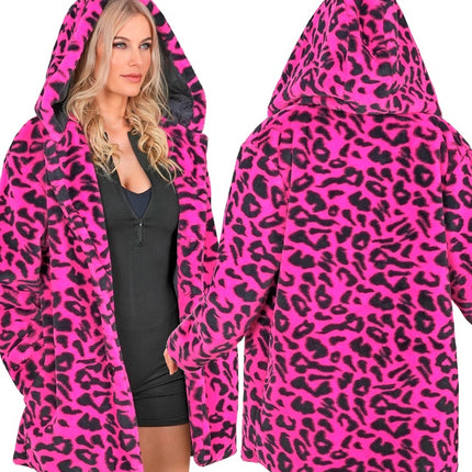 Pelzmantel mit Hut Plüsch Leopard Neon Pink