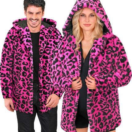 Pelzmantel mit Hut Plüsch Leopard Neon Pink