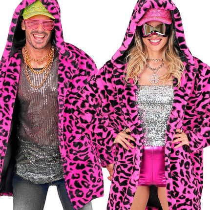 Pelzmantel mit Hut Plüsch Leopard Neon Pink