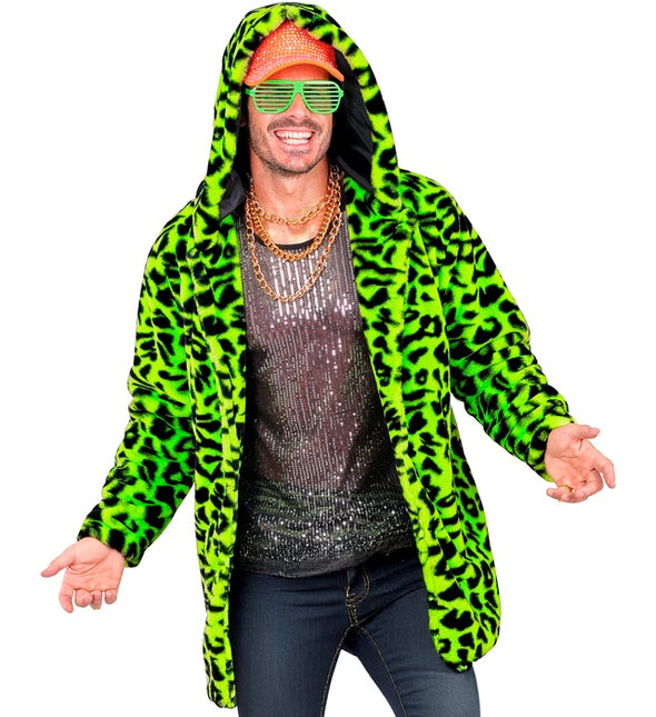 Pelzmantel mit Hut Plüsch Leopard Neon