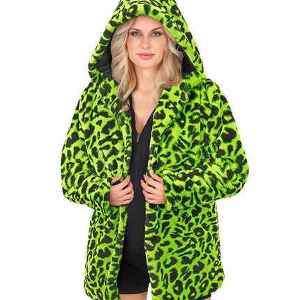 Pelzmantel mit Hut Plüsch Leopard Neon