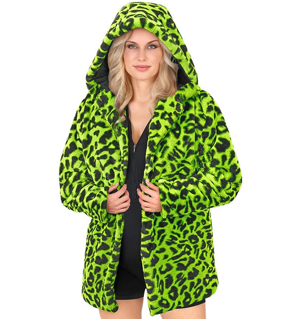 Pelzmantel mit Hut Plüsch Leopard Neon