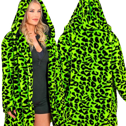 Pelzmantel mit Hut Plüsch Leopard Neon