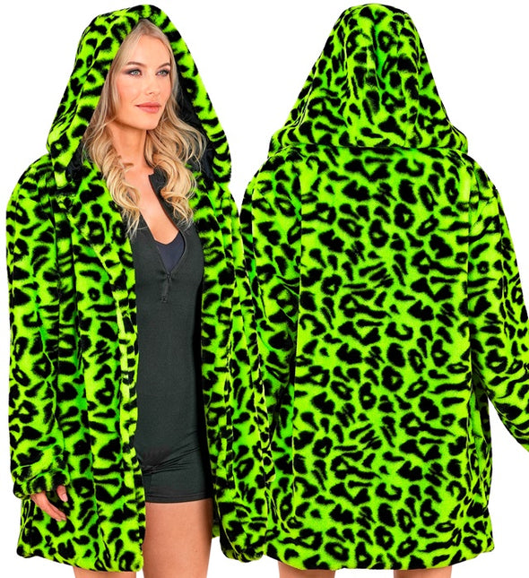 Pelzmantel mit Hut Plüsch Leopard Neon