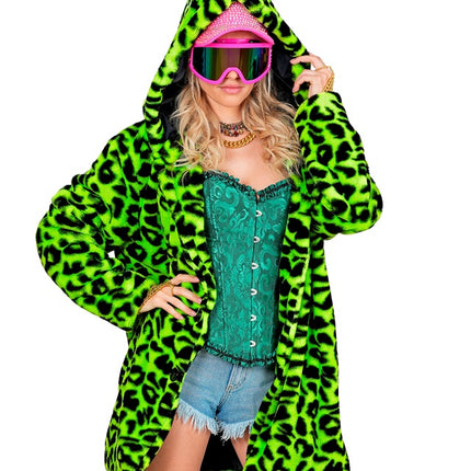 Pelzmantel mit Hut Plüsch Leopard Neon