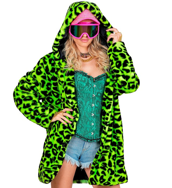 Pelzmantel mit Hut Plüsch Leopard Neon