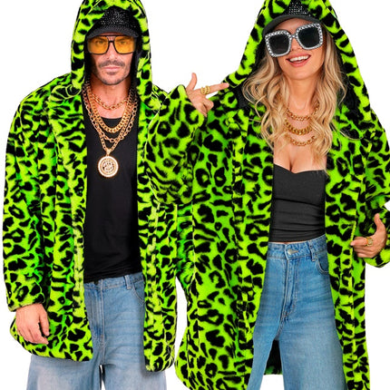 Pelzmantel mit Hut Plüsch Leopard Neon