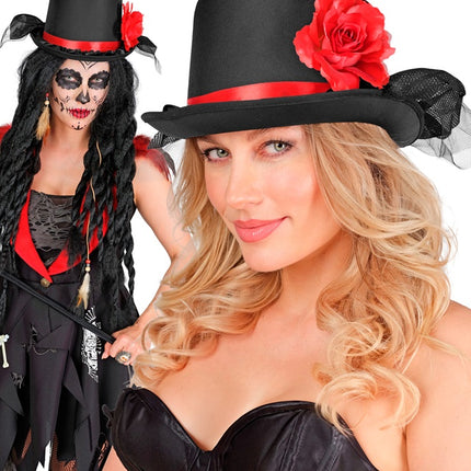 ZYLINDER SCHWARZ MIT TÜLL UND ROTER ROSE