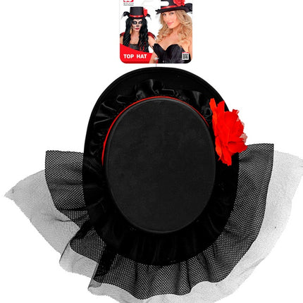 ZYLINDER SCHWARZ MIT TÜLL UND ROTER ROSE