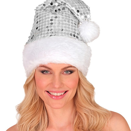 WEIHNACHTSMANNMÜTZE PLÜSCH UND PAILLETTEN SILBER