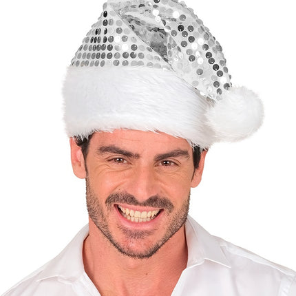 WEIHNACHTSMANNMÜTZE PLÜSCH UND PAILLETTEN SILBER
