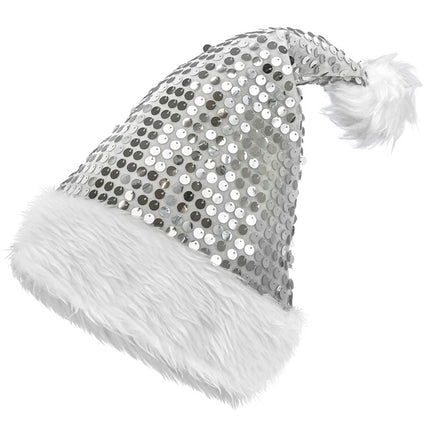 WEIHNACHTSMANNMÜTZE PLÜSCH UND PAILLETTEN SILBER
