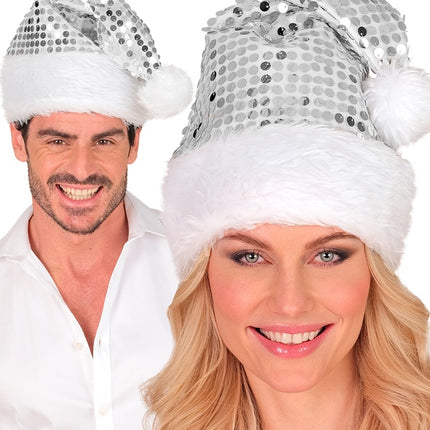 WEIHNACHTSMANNMÜTZE PLÜSCH UND PAILLETTEN SILBER